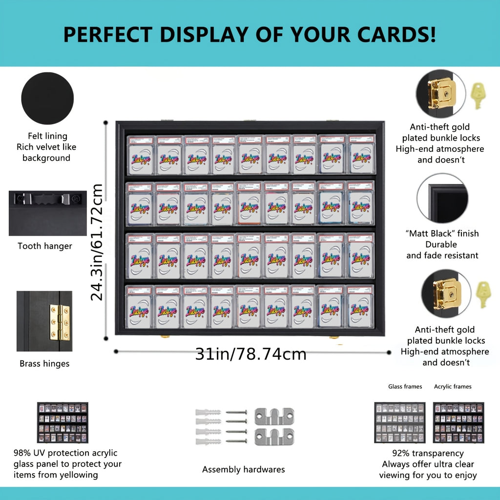 KCRasan 36 Graded Sports Card Display Case - Baseball Card Display Case Lockable - Collection Card Display, Wall Display Frame for Basketball Football Hockey Trading Cards with UV Protection Acrylic