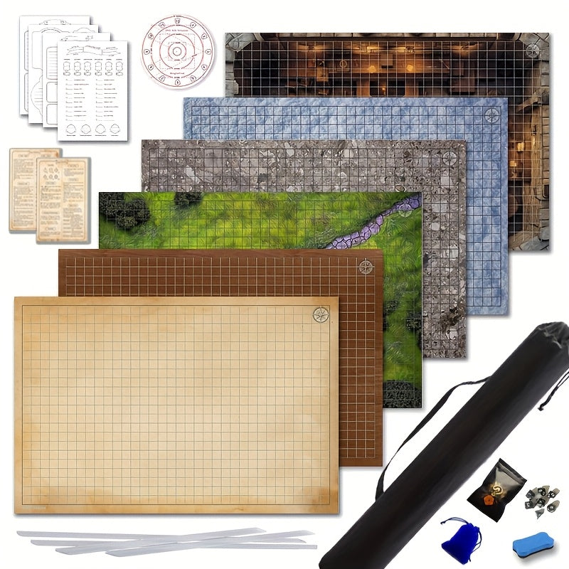 RPG Map, Complete Beginner Set for Dungeons And Dragons, 24X36 Inches, 3pcs Double-Sided Terrain Maps with Grids (Total 6 Maps), Character Sheet, Game Guide, Rulers, 1 Set of Mystery Dice, 6pcs Straighteners, Erasers