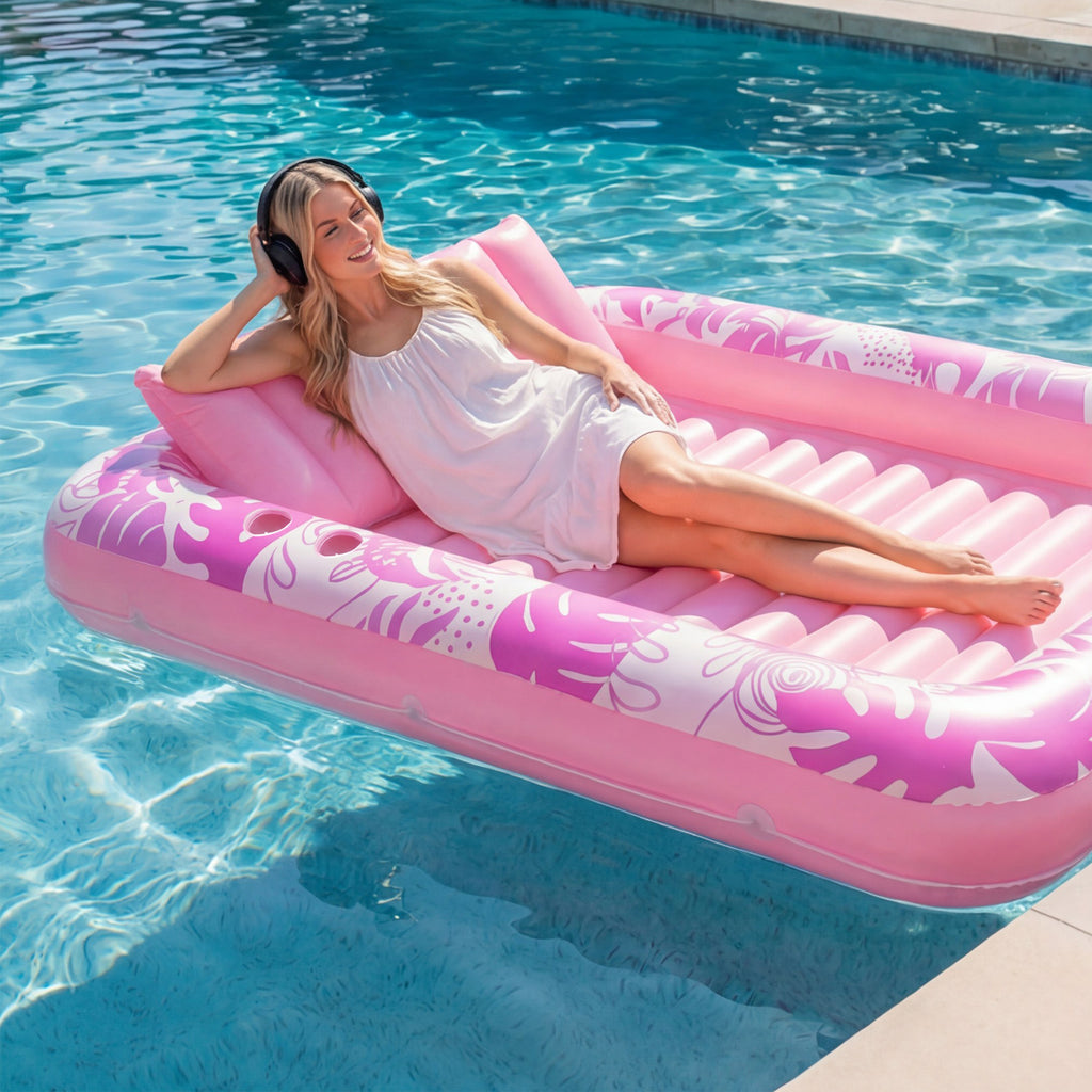 SYNCFUN Inflatable Tanning Pool Lounger Float, Extra Large Pool Floats Adult with Pillow, 4 in 1 Suntan Tub Raft Floatie, Sunbathing Bed Lounge Blow Up Ball Pit Party Gifts, Hot Pink