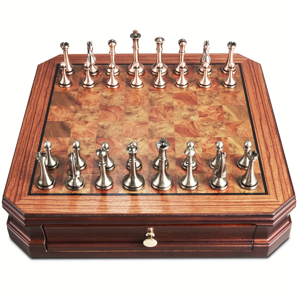 12 Inch Wooden Chess Set, Metal Chess Pieces And 2 Built-in Storage Drawers, 2.5" Kings 2 Extra Queens Suitable for Beginners, Adult Vintage Mahogany Chess Game, Christmas Gifts