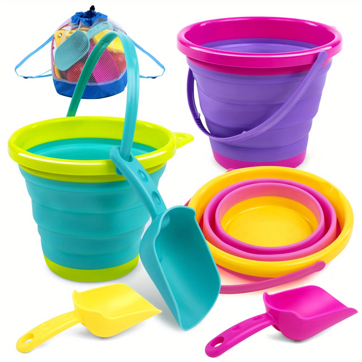 Foldable Beach Bucket Set - 3 Packs Collapsible Toy Buckets with Shovels and Mesh Backpack Party, Camping Gear, Travelling, Fishing Water Pail