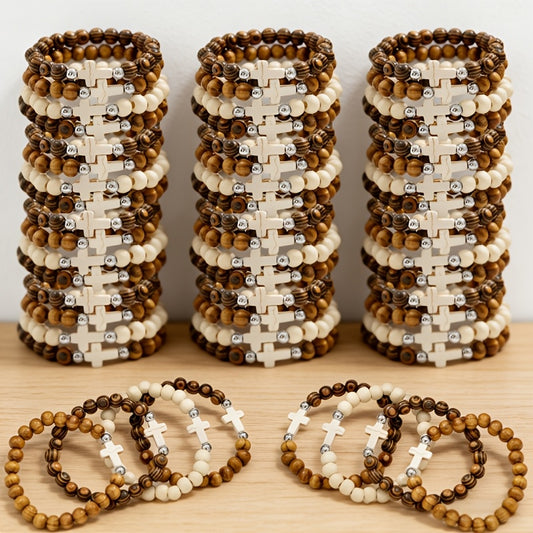 20/40pcs Vintage Ethnic Alloy Cross Pendant Woven Elastic Random Colors Bracelet For Christian Baptism Gifts, Pretend Jewelry Toys