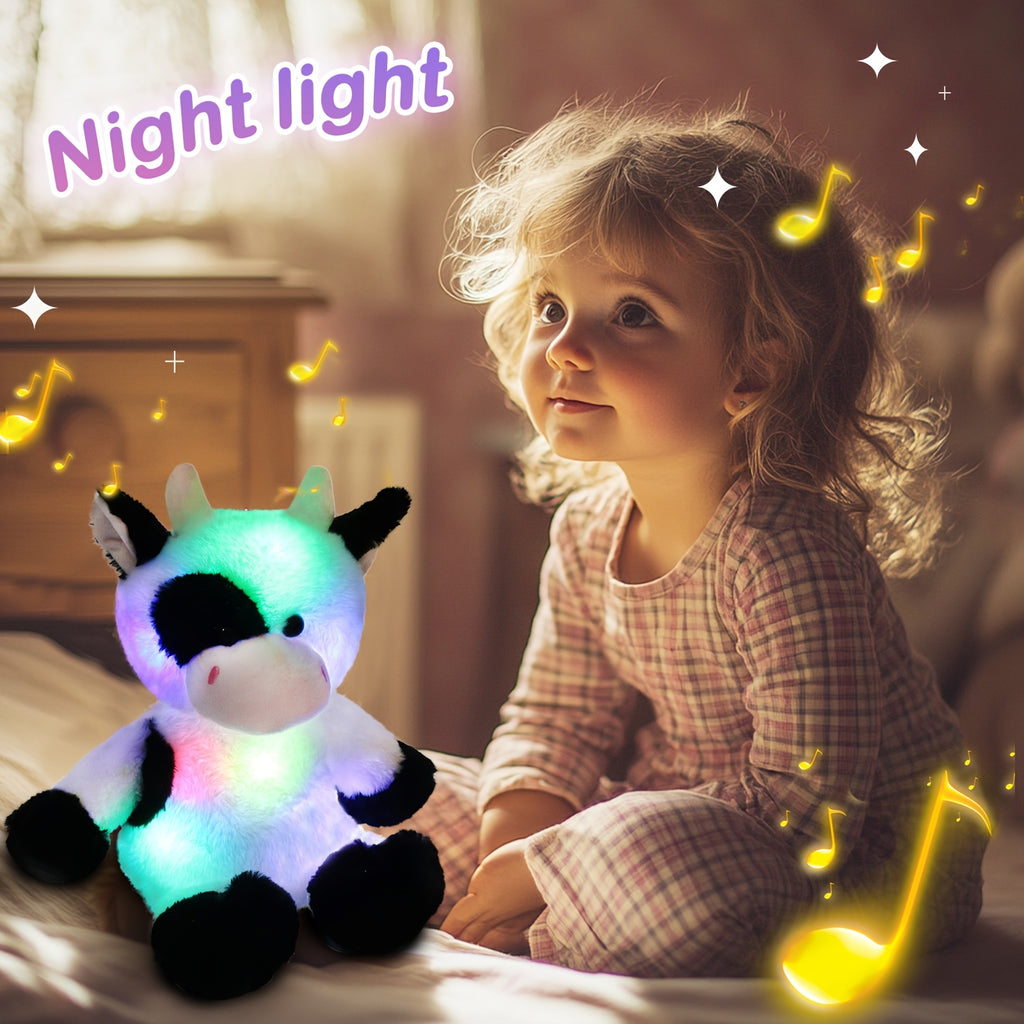 Illuminated Musical Cow Plush Toys (No Batteries Required), Adorable And Soft Cow Stuffed Animals Featuring Rhythmic Breathing And Music Lights. A Portable, Calming Highland Cow Plush with Light And Sound, Perfect for Halloween, Black Friday