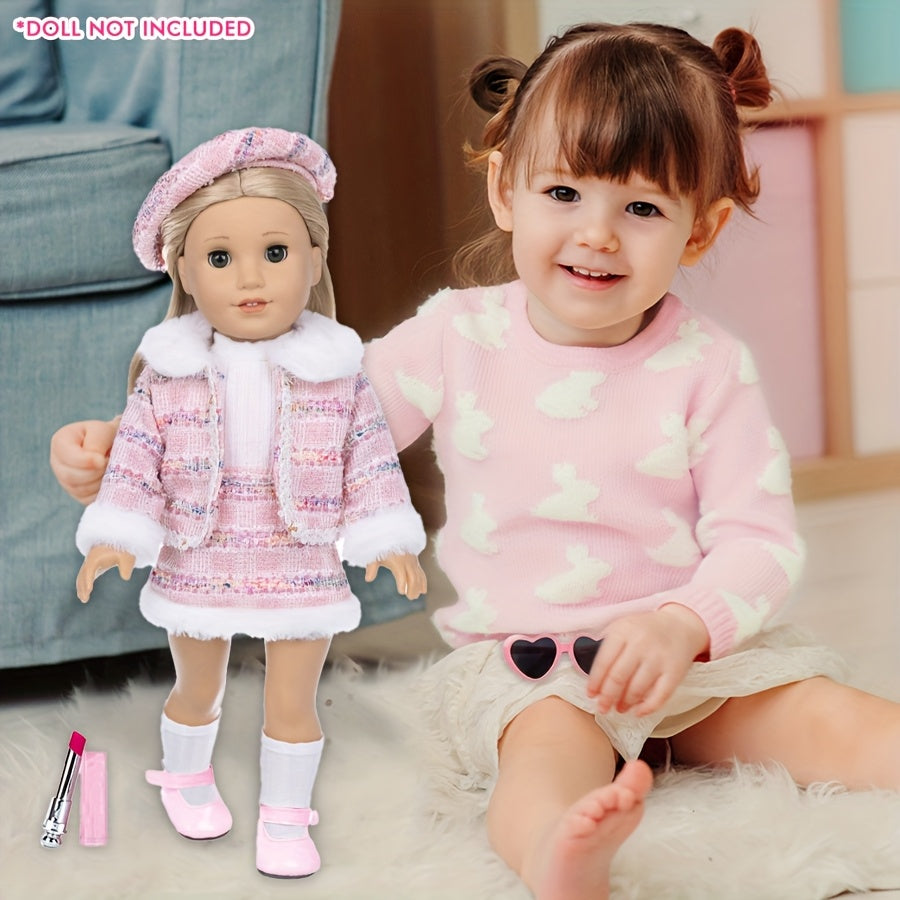 18Inch Baby Doll Knitted Clothes Outfits Include Hat Top Jacket Skirt Set 18inch America Doll Make Up Lipstick Toy Baby Doll Accessories Girl Playing House Games Gift, Birthday Gift, Play Favor, Christmas Present, Baby Doll & Reborn Doll Accessories