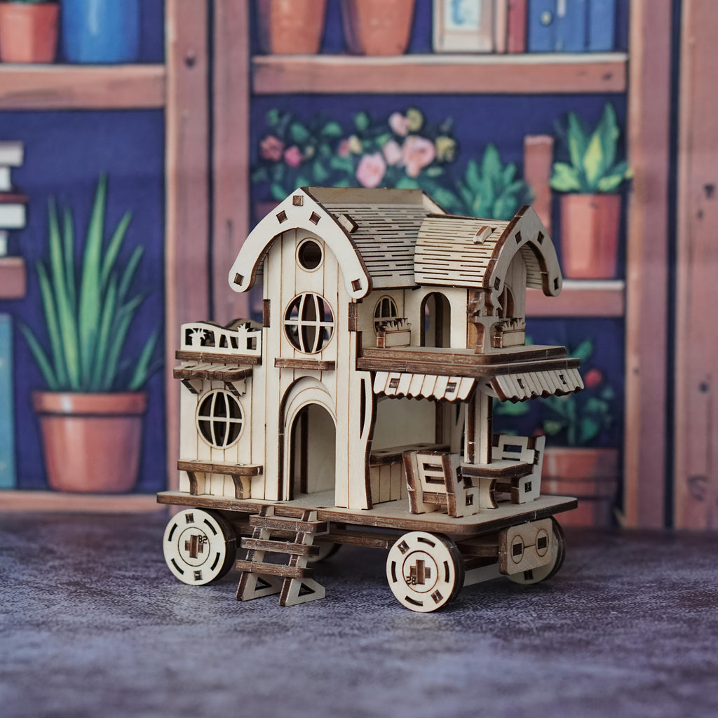 A 3D Wooden Puzzle of a Villa, Featuring a Mobile House on Wheels, Designed As a Model of a Wooden Café Bar. These Handcrafted Wooden Assembly Blocks Make an Ideal Gift for Loved Ones