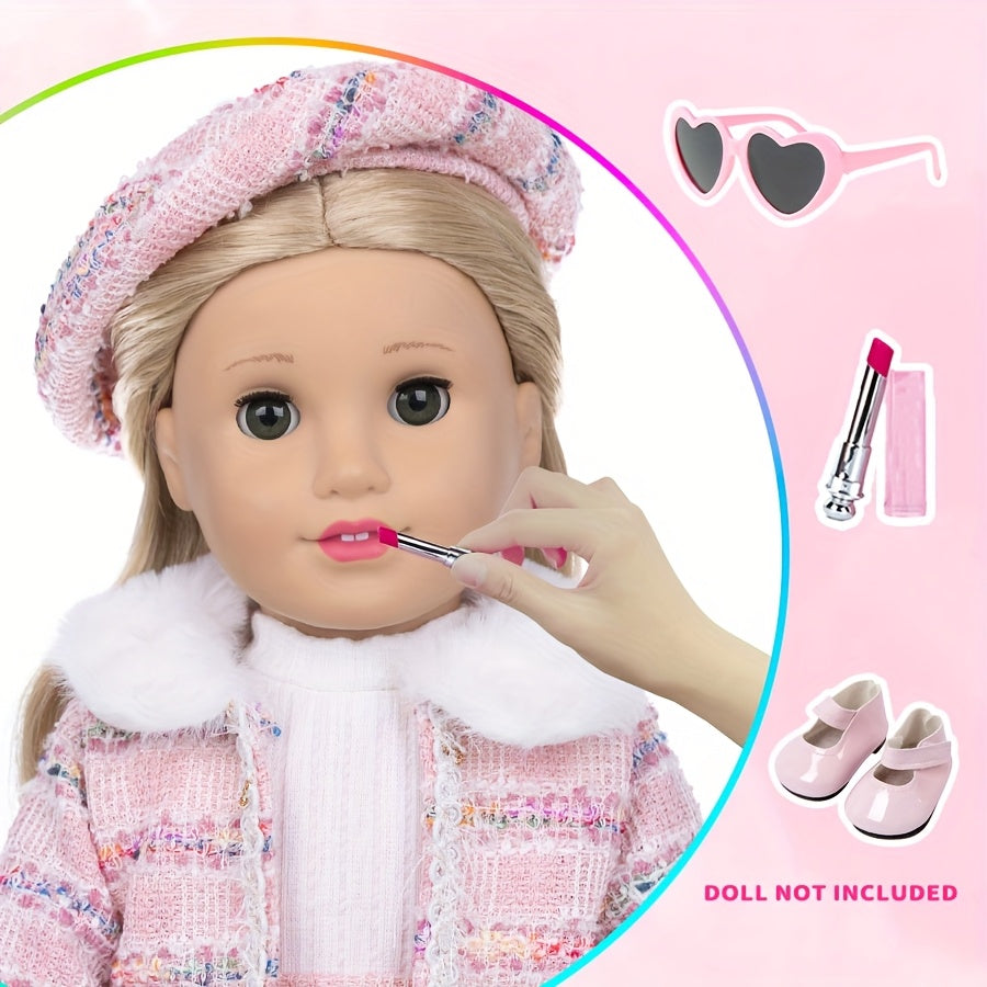 18Inch Baby Doll Knitted Clothes Outfits Include Hat Top Jacket Skirt Set 18inch America Doll Make Up Lipstick Toy Baby Doll Accessories Girl Playing House Games Gift, Birthday Gift, Play Favor, Christmas Present, Baby Doll & Reborn Doll Accessories