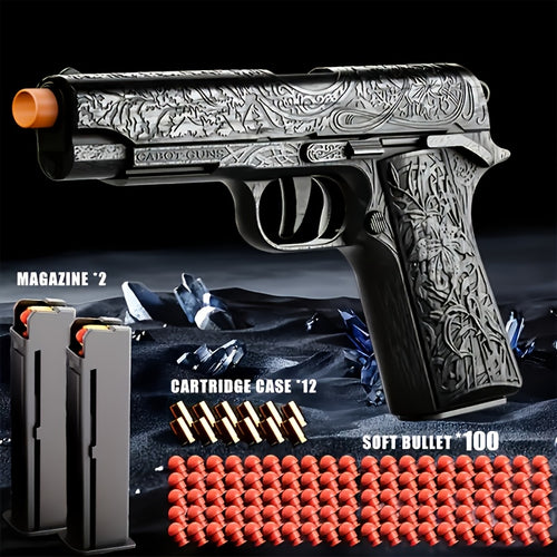 Cool Toy Gun with 120 Soft Bullet Shells & Ejecting Shells System - Semi-Automatic Rapid-Fire Pistol Suitable for Boys, 2 Magazines & 12 Shells/Bullets for Indoor/Outdoor Shooting Games, Birthday Gifts for (Fake Gun for Role Play)