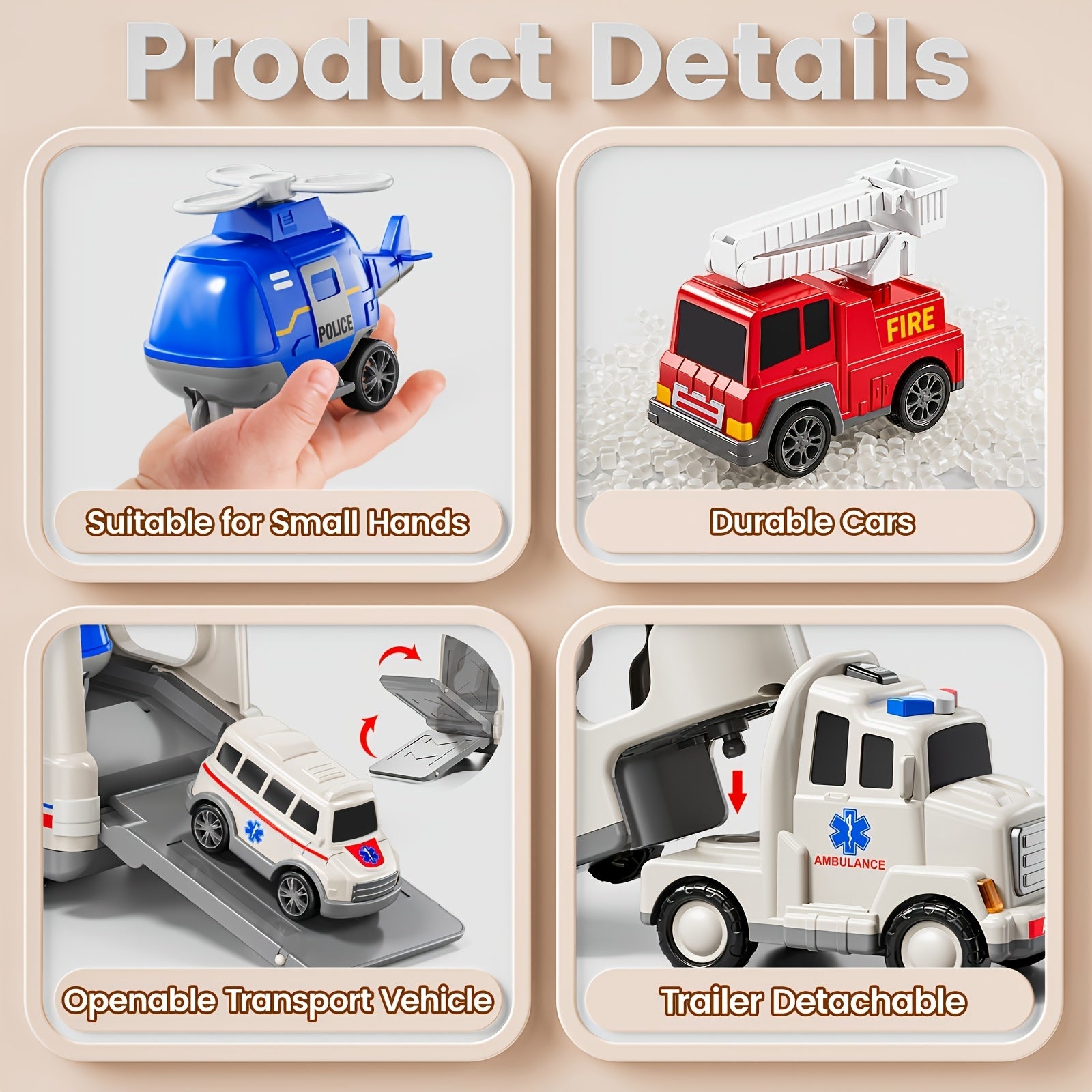 Ambulance/ Construction Truck Toys, 5in 1 Carrier Trucks Cars for Boy Toys Birthday, Car Trucks Friction Power Toys with Light Sound