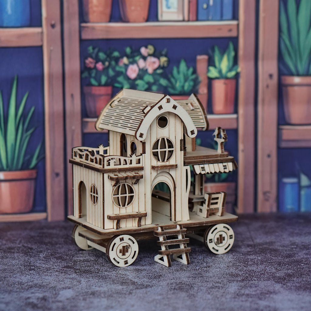 A 3D Wooden Puzzle of a Villa, Featuring a Mobile House on Wheels, Designed As a Model of a Wooden Café Bar. These Handcrafted Wooden Assembly Blocks Make an Ideal Gift for Loved Ones
