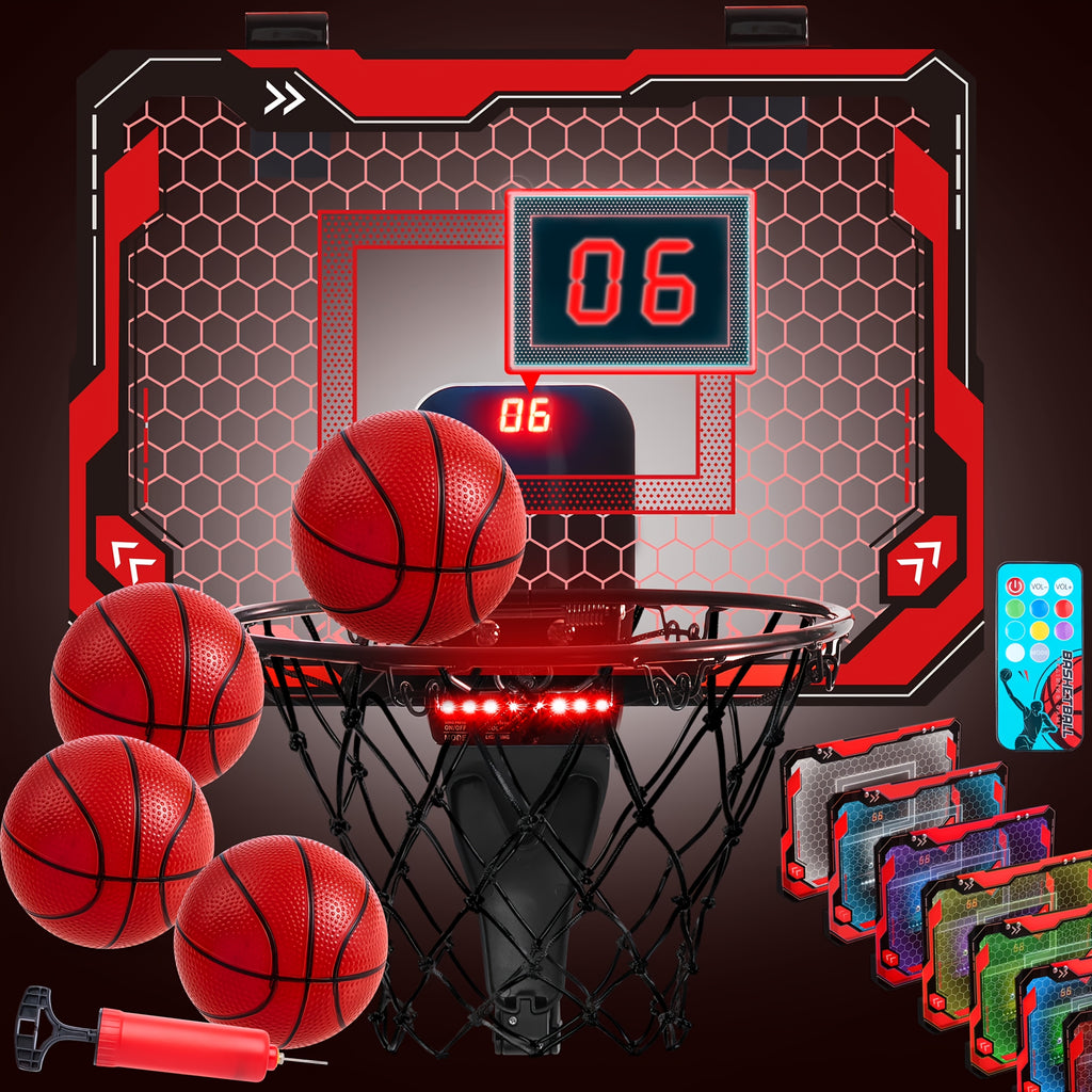Mini Indoor Basketball Hoop, Light Up Over The Door Basketball Hoop for Kids with Scoreboard & 4 Balls, Bedroom Indoor Basketball, Basketball Toys Gifts for Boys Girls Ages 3 and UP(Red)
