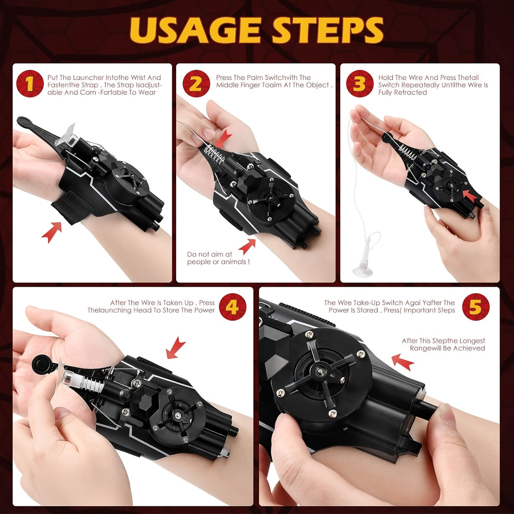 Spider Web Shooters Real, Spider Launcher Wrist Toy for Kids, 8ft Realistic Web Launcher String, Cool Gadgets String Gloves Shooters Toy for Superhero Role-Play (Black)