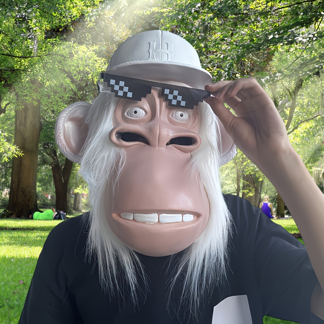 [Halloween] 1pc Funny Plush Monkey Mask - Cute Cartoon Animal Costume with White Hair, Fashion Glasses & Hat - Soft Latex Full Head Design for Halloween Parties, Role-Playing - One Size Fits Most Adults