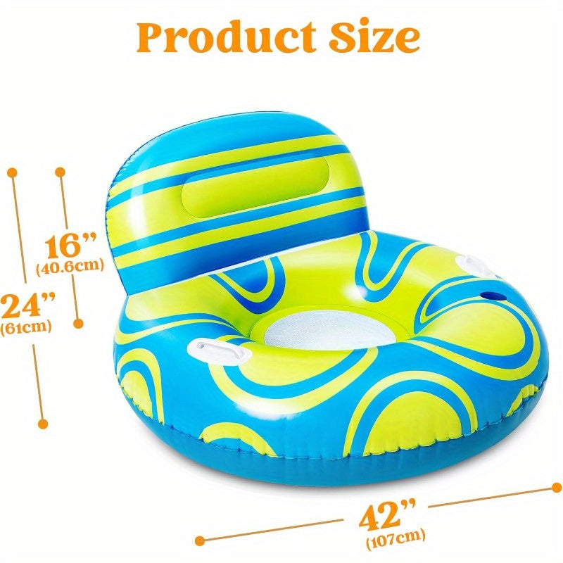 SYNCFUN Inflatable Pool Float Lounger - River Tube Floating Chair Sofa With Big Backrest, Blow Up Floaties Lake Raft Lounge With Mesh Bottom Handle Cup Holder Pool Party For Adults(Blue Yellow)