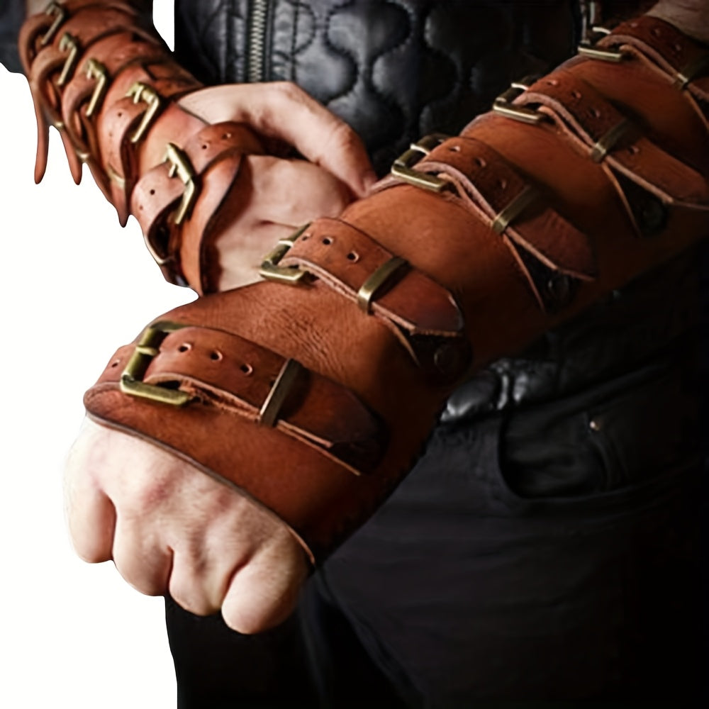 Medieval Embossed Faux Leather Elf Arm Guards, Fantasy Cosplay Buckle Bracers, Knight Archer Gauntlets for LARP