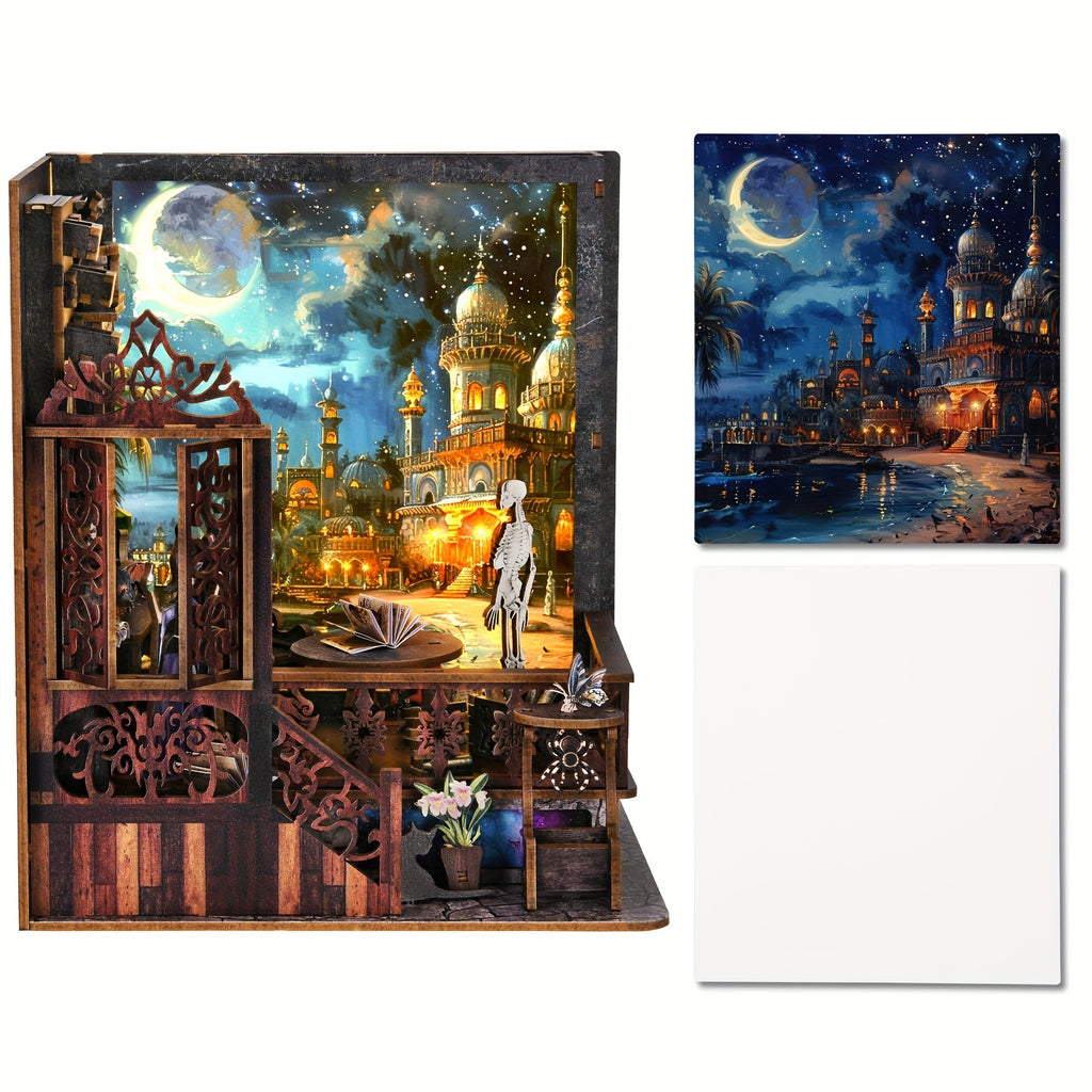 1pc Of Magic Mystery Bookend, DIY Dollhouse Bookcase, 3D Wooden Puzzle Bookcase, Book Corner Mini Kit, Halloween, There Are Witches, Skeletons, Magic And Other Elements, Whiteboard You Can Draw