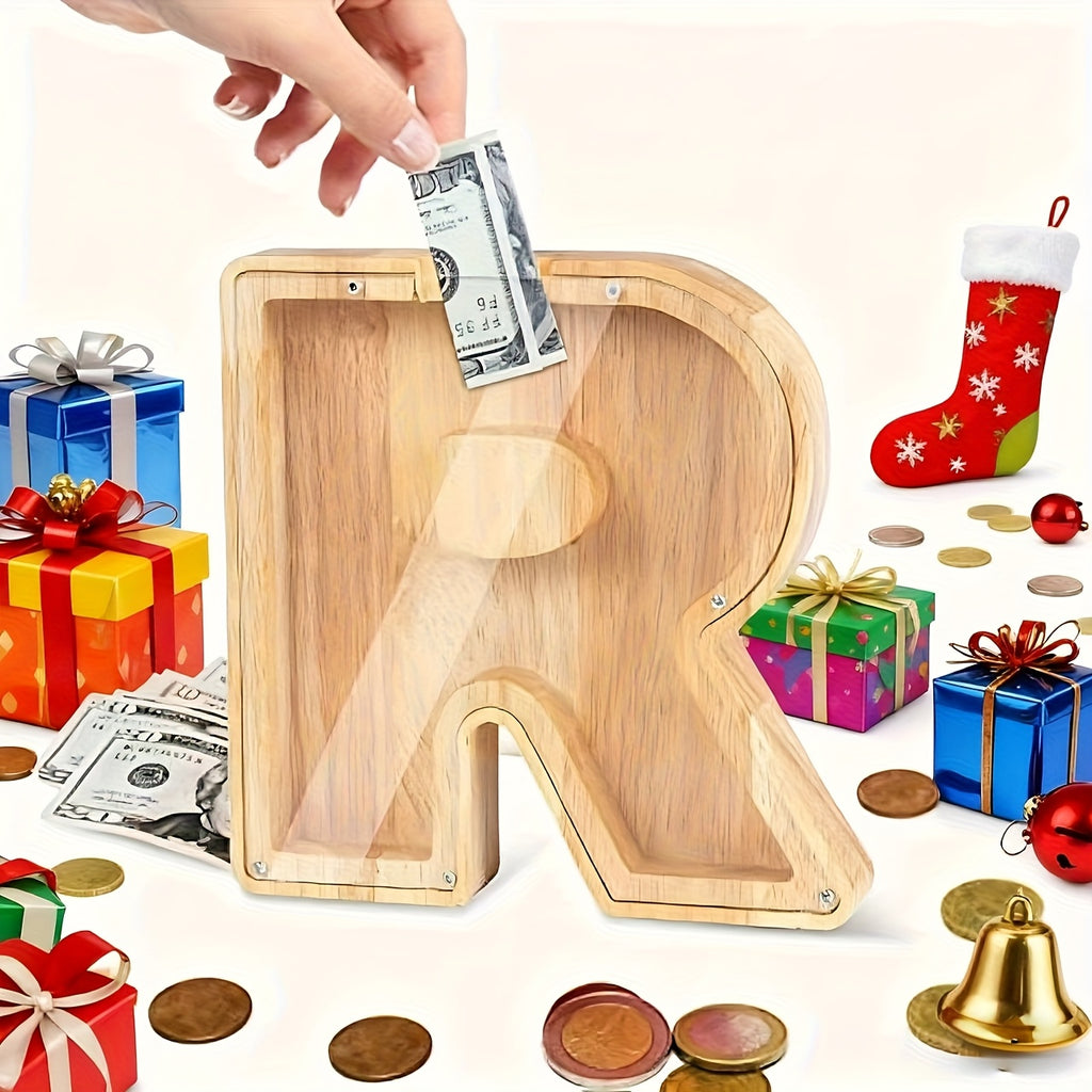 [Christmas New Year Birthday] Wooden Alphabet Money Bank - Large-Size With 26 Letters, Coin Savings Jar For Christmas, New Year And Birthday Gifts