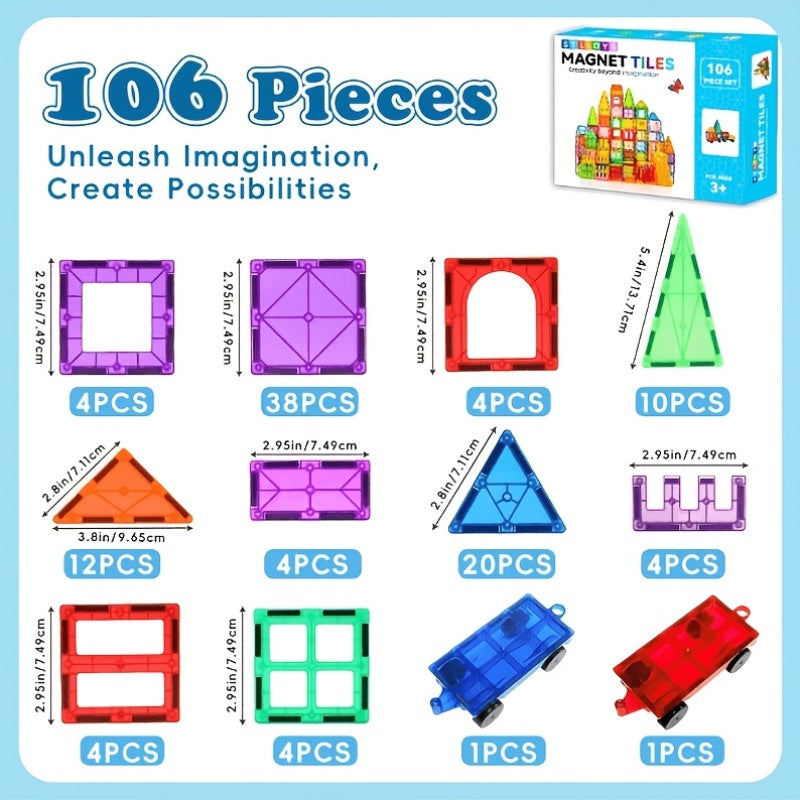 [Birthday Gifts] 80/106/136pcs Magnetic Tiles for Kids, Magnetic Building Blocks With 2 Cars, Magnet Tiles Construction Building Toys, STEM Sensory Toys Birthday Gifts Toys for Kids Boys Girls 3 4 5 6 7 8 9+ Year