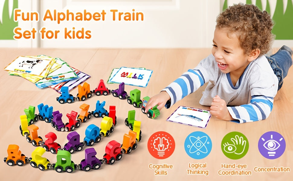 Magnetic Wooden Alphabet Train Sets, 27pcs ABC Letter Learning Toy Trains with 42pcs Flash Cards, 1 Engine, 1 Storage Bag, Kids Boys Girls Educational Toys for 3 4 5 6