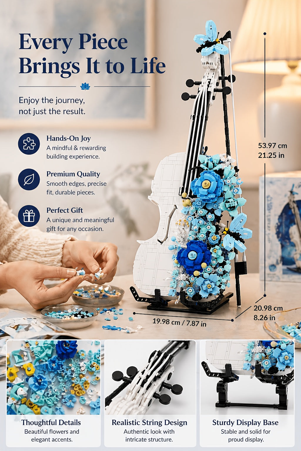 Flower Violin Building Blocks Sets for Adults - 3D Musical Instrument Model, Building Brick Set for Home Decor in The Living Room, Bedroom, Or Office - an Ideal Birthday, Christmas, Or Father'S Day Gift! 1419+PCS