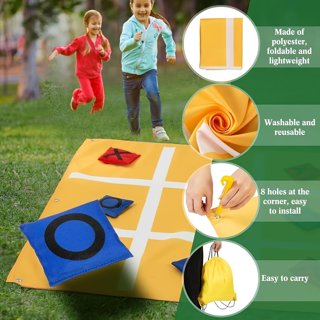 Tic Tac Toe Game Set Bean Bag Toss Game Outdoor Tic Tac Toe Cloth with Bean Bag Drawstring Storage Bag Yellow Ground Nails for Adult Family Camping Indoor Outdoor Game Supplies, Christmas Party Game Supplies, Christmas/Thanksgiving Gifts