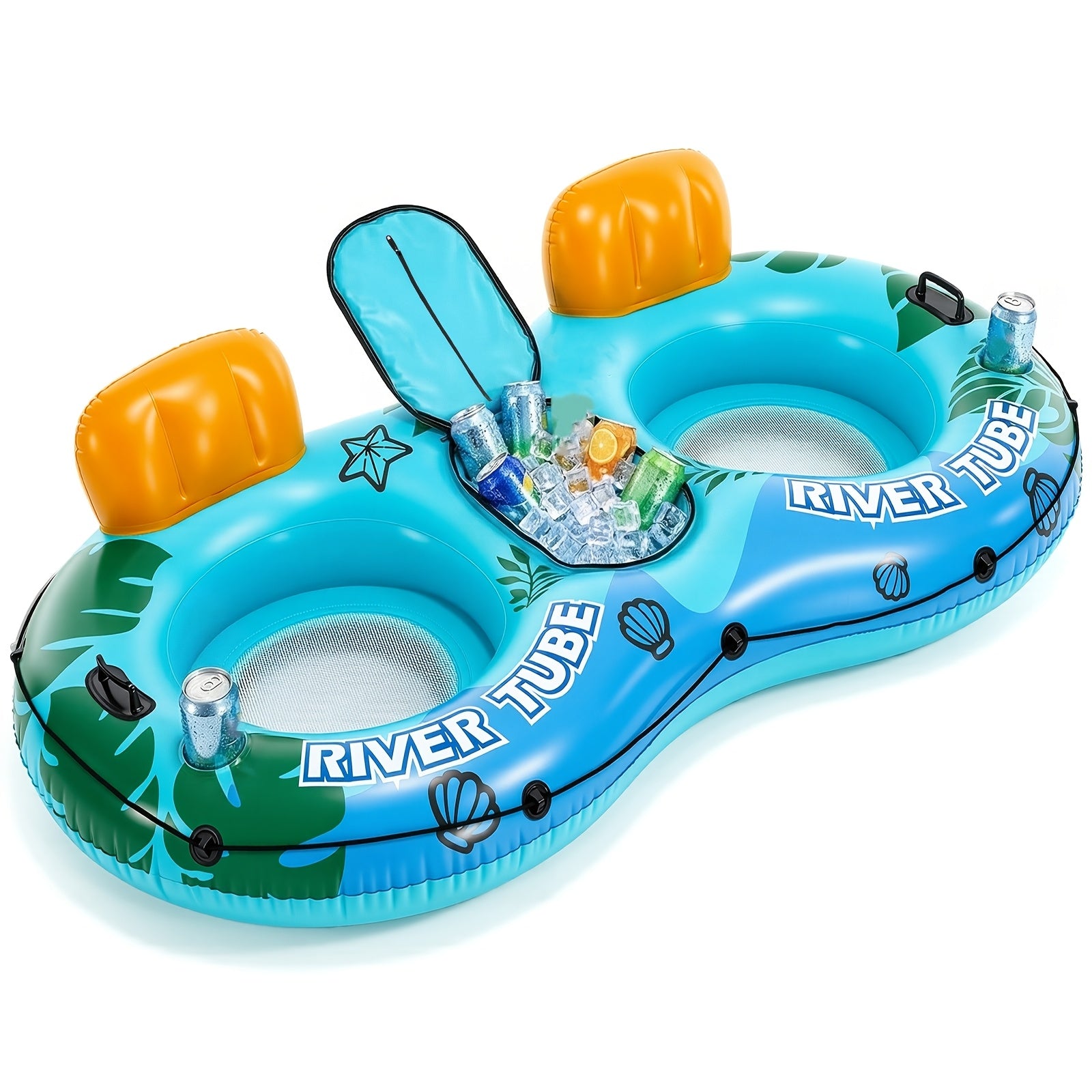Heavy Duty Double Inflatable Pool Float Bed with Detachable Refrigerator, Suitable for Swimming Pools Rivers, Adult Float River Drifting Boat Lounge Chair with 2 Cup Holders
