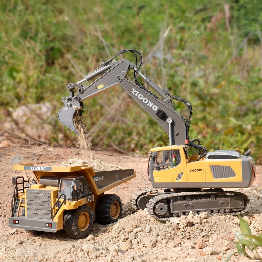 4/3/2pcs Remote Control Construction Vehicle Set, 2.4G 12-Channel Remote Control Excavator, Dump Truck, Bulldozer, Loader, Alloy and Plastic Construction Toy Car Set, RC Construction Equipment for Kids