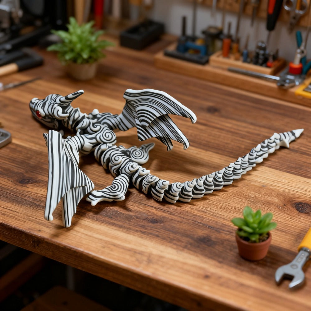 [3D Printed Dragon Statue] Cybernetic Dragon Statue, Random Eye Color - 3D Printed Black & White Swirl Figurine, Articulated Collectible Art for Desktop Display, Perfect for Teens 14+
