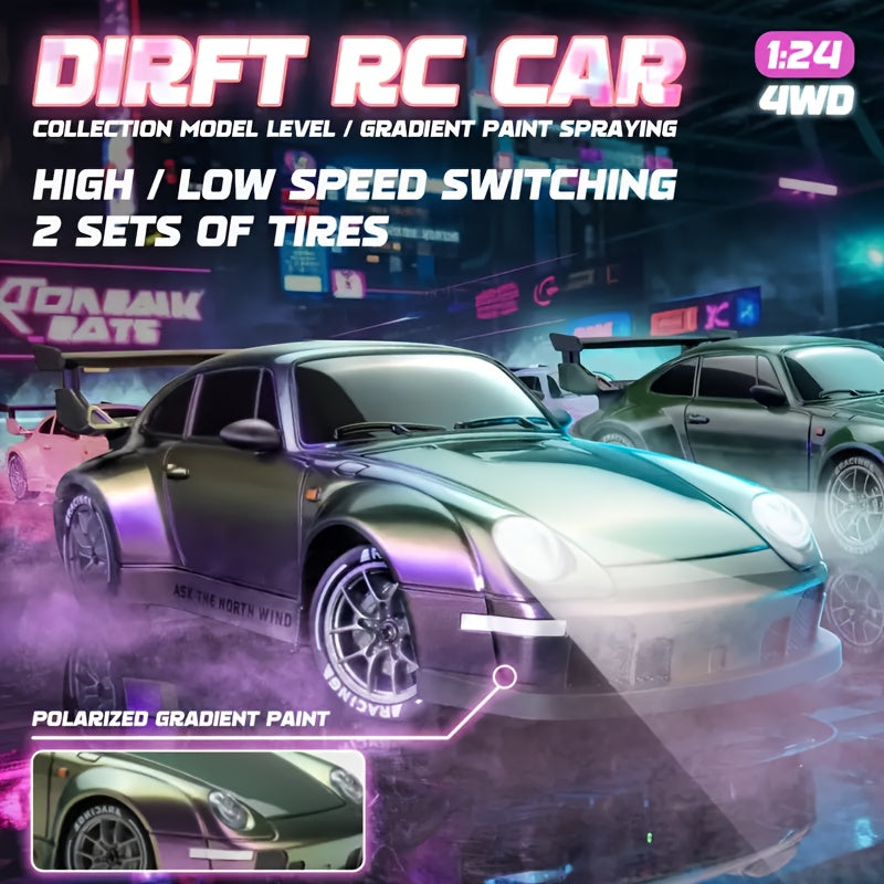 AmericanNew RCDriftCar 1:24Scale4WD 2.4GHZ28km/hHighSpeed Alloy MetalPlastic MaterialCrashResistant RacingCarWith Drift Tires, BarricadesAnd LEDLights 2Batteries ChristmasBirthday Gift ForBoysAndGirls, Crash Resistant Car, Sporty Design, Durable