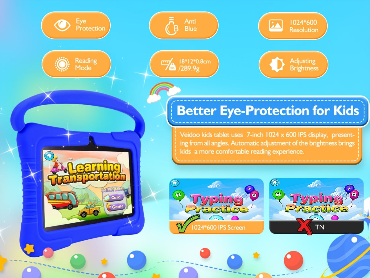 Veidoo Kids Tablet, 7 Inch Android Tablet PC, 2GB RAM 32GB ROM, Safety Eye Protection Screen, Wifi, Dual Camera, Games, Parental Control APP, Tablet with Silicone Case