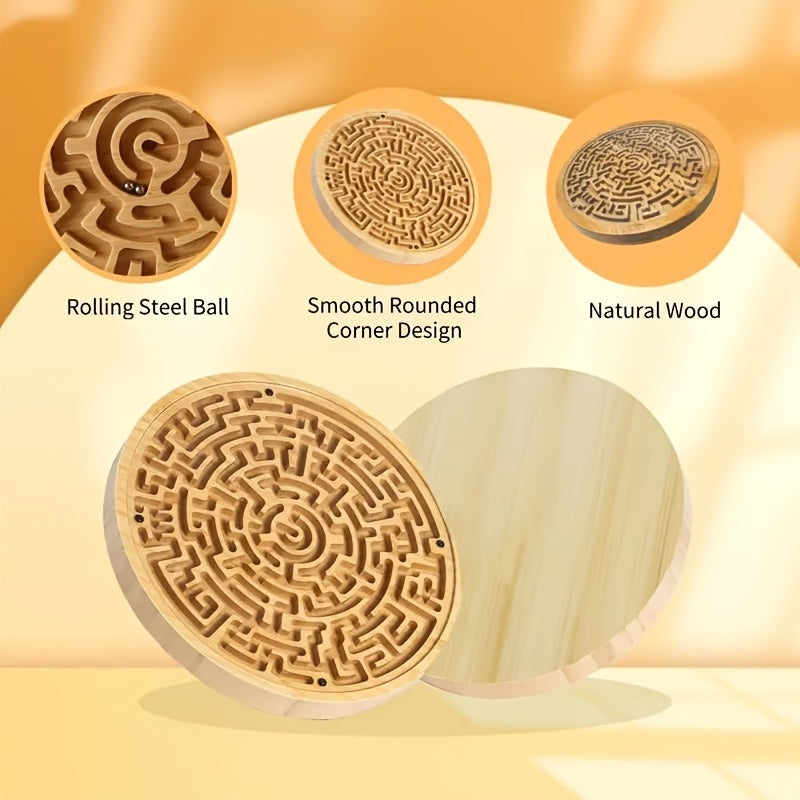 A Large Round Wooden Maze with PC Steel Ball, Balance Maze Board, Two Metal Ball Challenges And Maze Puzzles Is Used to Improve Concentration And Train Wooden Balance Board, Metal Ball Challenges And Puzzle Games, Which Is Suitable for Brain Training