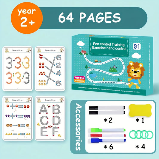 64 Pages Magic Practice Book Set, Reusable Handwriting Practice Book Learning, Magic Lettering Letter Lines Numbers Tracing Handwriting Calligraphy Practice Book For Gift (With Erasable Pen)