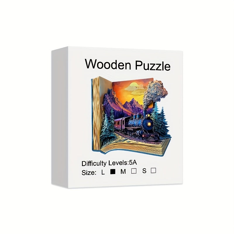 Book Galloping Train Wooden Puzzle for Adults-3D Vision Effect Wooden Puzzles, Unique Shape Pieces Wooden Jigsaw Puzzle, Creative Handmade Decorations, Holiday Gifts Home Decor Family Game