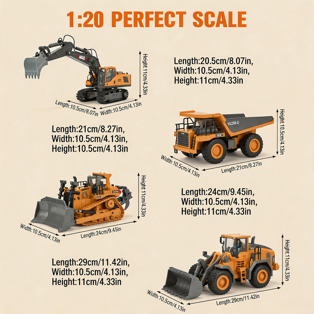 1:20 Scale 2. 4G 11CH RC Excavator, Dump Truck, Bulldozer & Loader 680° Rotation & Working Arm, Forward Backward Turning, Alloy Construction Toy for Indoor Outdoor Play, Perfect Gift for Children