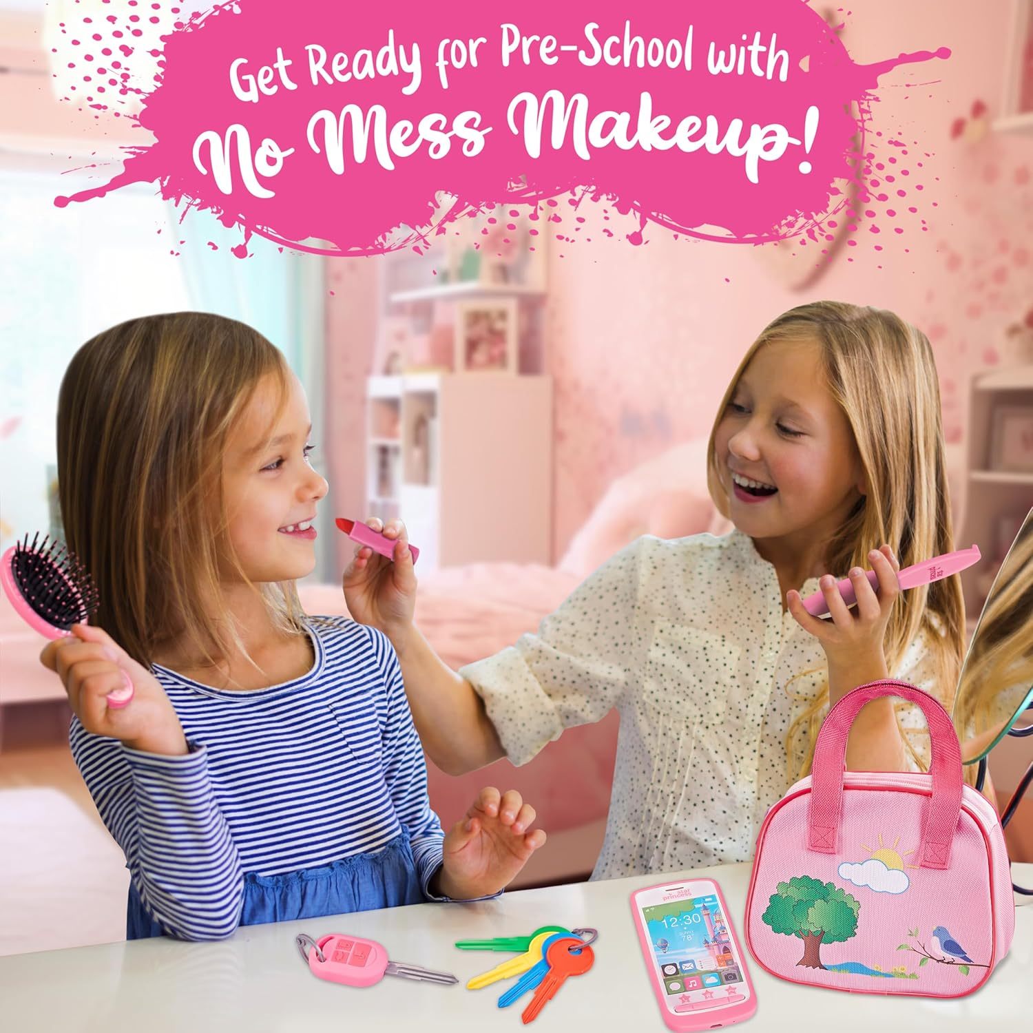 Play Purse for Little Girls with Accessories, Purse Toys for Girls with Pretend Play Makeup, Keys, Fake Smartphone, Dress Up Toy Purse for Kids - Excellent Birthday Gift for Little Girls