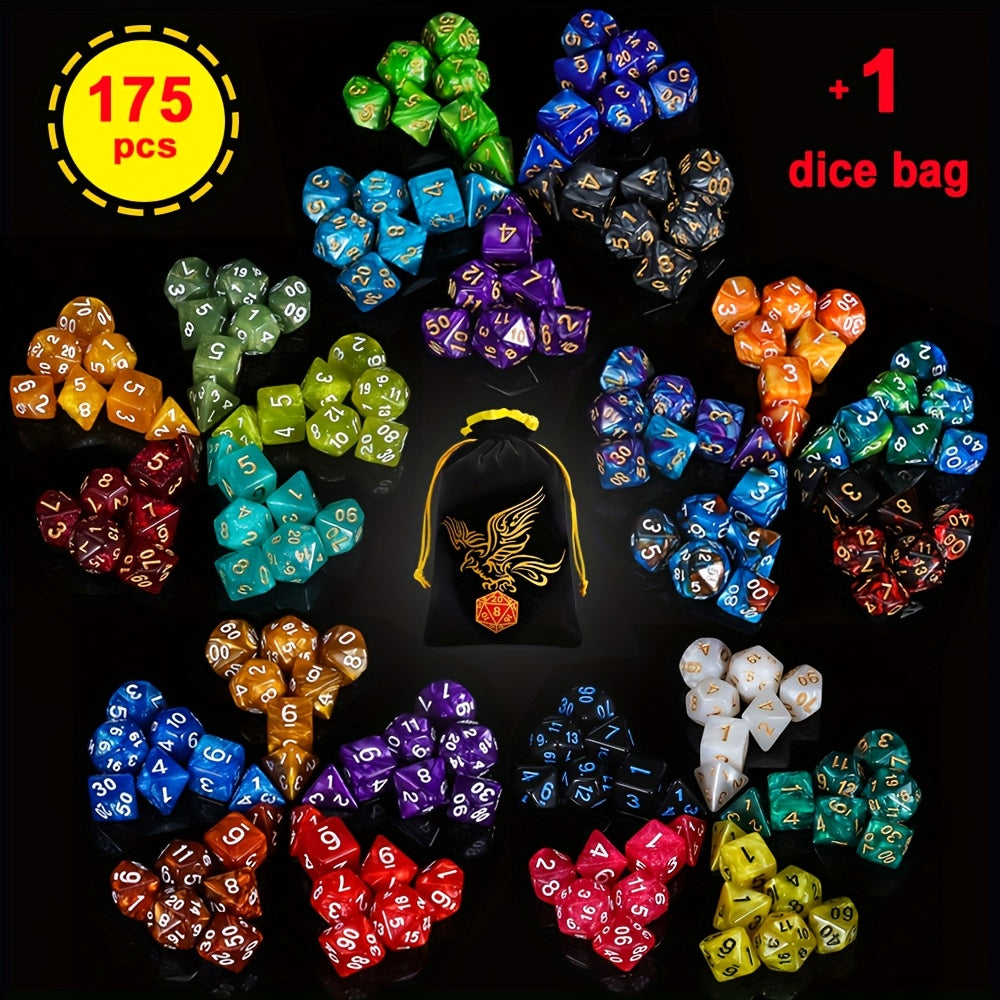 175pcs Set of Polyhedral Dice for Dungeons And Dragons, Featuring a Stylish Velvet Pouch And Available in 25 Colors Including D4, D6, D8, D10, D%, D12, And D20. Perfect for Tabletop Games Like D&D And MTG