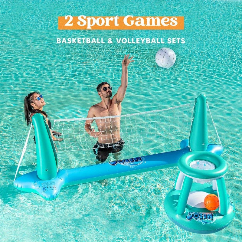 SYNCFUN Inflatable Pool Float Set Volleyball Net & Basketball Hoops, Floating Swimming Game Toy for Kids And Adults, Summer Floaties, Pool Party Games & Activities, Volleyball Court (105''x28''x35'') Basketball (27''x23''x27''), L-Blue