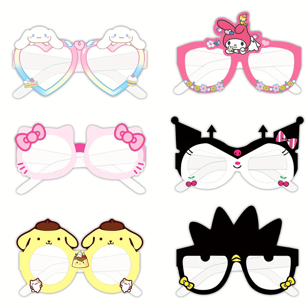12pcs Sanrio Licensed Birthday Party Glasses Props Set Hello Kitty Kuromi My Melody Cinnamoroll Gudetama Themed Paper Photobooth Eyewear Decorations with No Feathers for Seasonal Holiday Party Favors