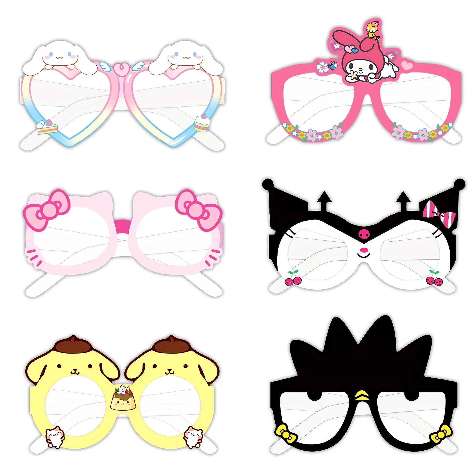 12pcs Sanrio Licensed Birthday Party Glasses Props Set Hello Kitty Kuromi My Melody Cinnamoroll Gudetama Themed Paper Photobooth Eyewear Decorations with No Feathers for Seasonal Holiday Party Favors