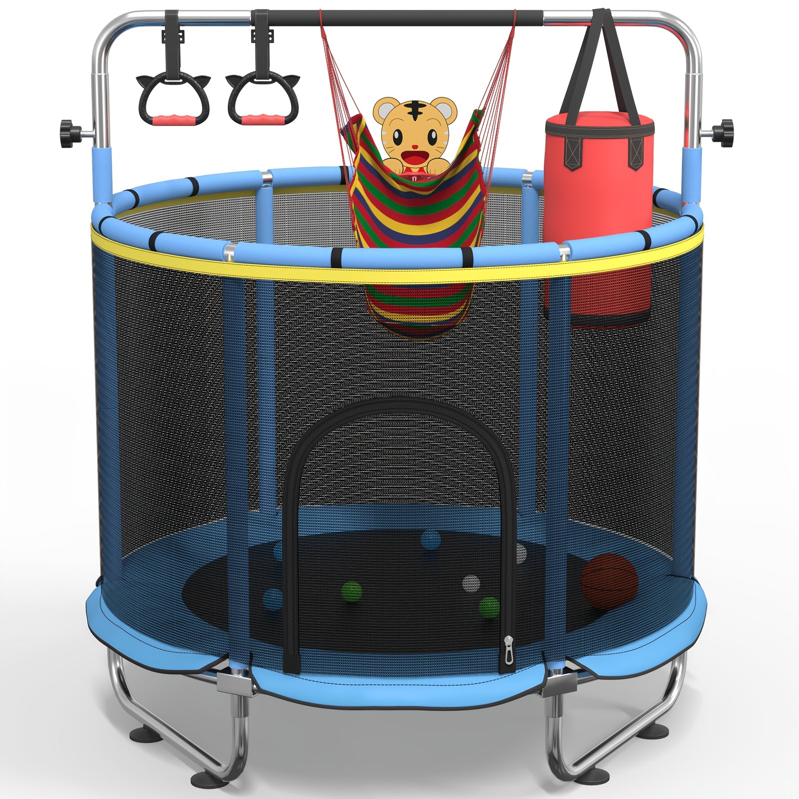 1pc Indoor And Outdoor Trampoline with Gymnastics Bar And Toys, 60" Height Adjustable Trampoline with Enclosure