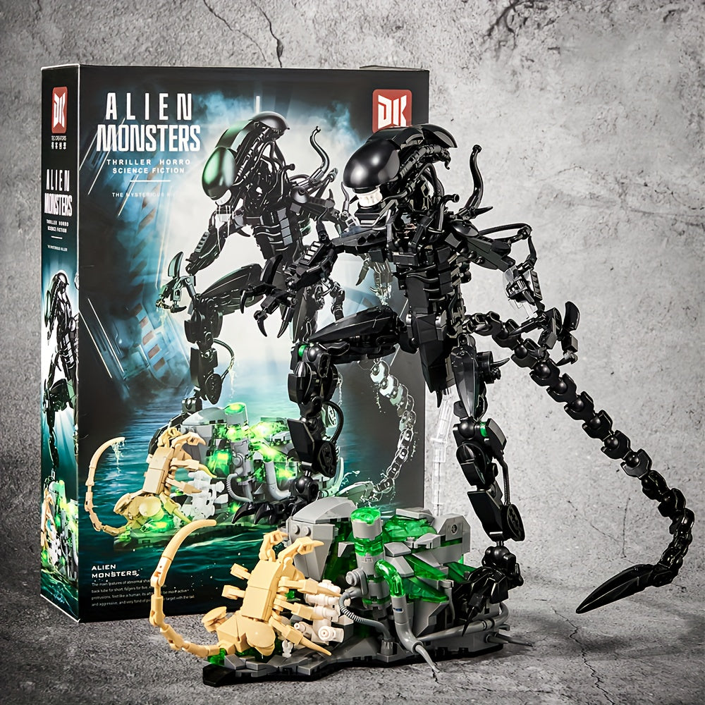 958+Pcs Cool Alien Building Block Set, Assembly of Sci-Fi Movie Battle Character Models in Black ABS, Christmas Gift