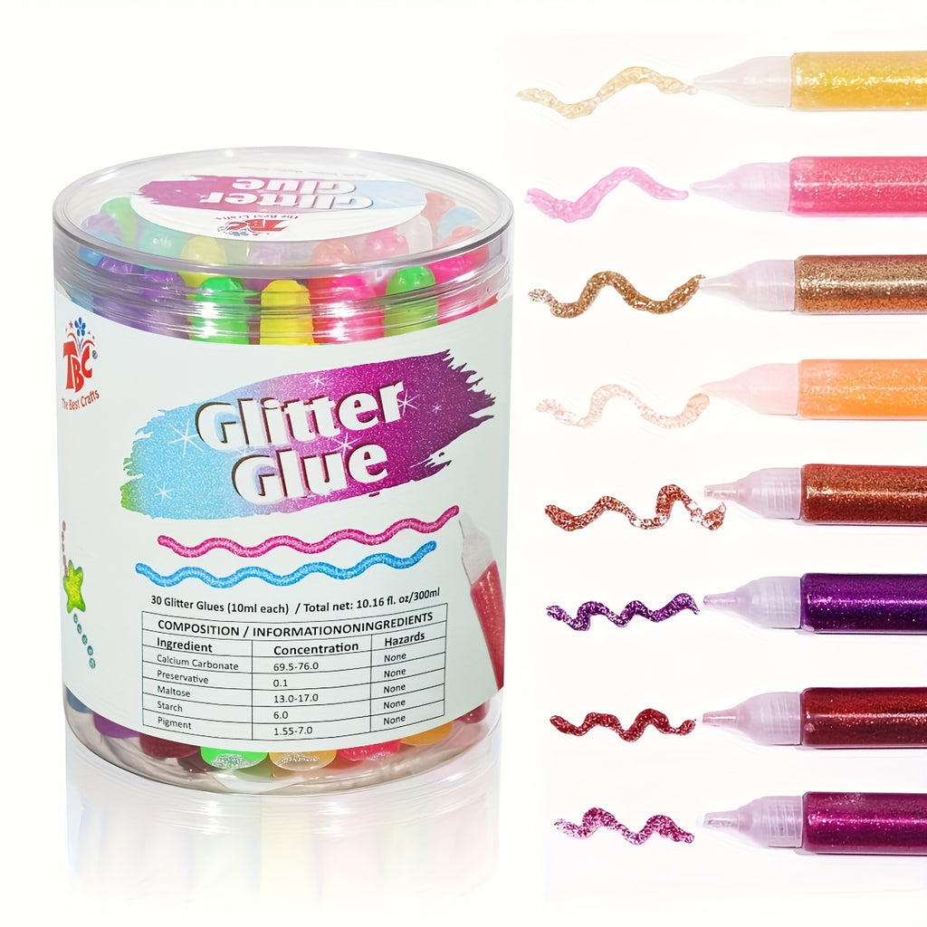 TBC The Best Crafts 30-Count Washable Glitter Glue Pack(11.16oz), Non-Toxic Sparkle Glitter Glue Pens for Kids, Glitter Writing Glue Pens for Arts and Crafts Projects, Classroom Posters