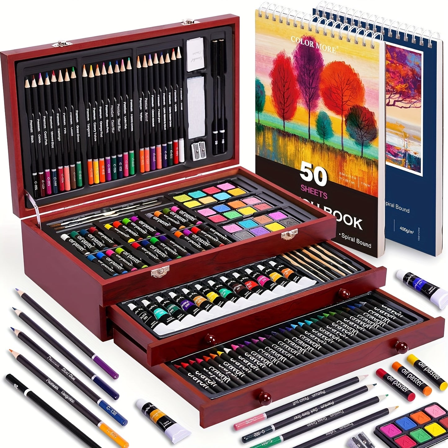 [Gift, Easter, St.Patrick's Day] 175pcs Deluxe Art Set With 2 Drawing Pads, Crayons, Acrylic Paints, Colored Pencils Set In Wooden Case, Professional Art Kit, Paint Supplies, Gift, Easter, St.Patrick's Day, Art & Drawing Toys