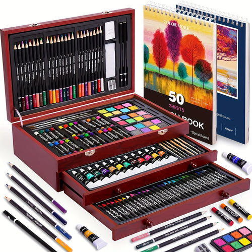 [Gift, Easter, St.Patrick's Day] 175pcs Deluxe Art Set With 2 Drawing Pads, Crayons, Acrylic Paints, Colored Pencils Set In Wooden Case, Professional Art Kit, Paint Supplies, Gift, Easter, St.Patrick's Day, Art & Drawing Toys