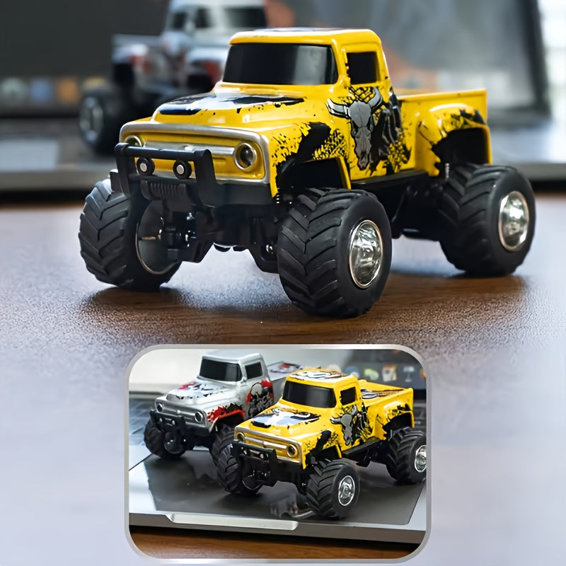 Mini Remote-Controlled Alloy Off-Road Truck, 1:64 Scale Monster Truck Toy, 2.4GHz Wireless, High-Speed Off-Road Crawler, LED Lighting, White Headlights with Red Taillights, Street Graffiti Design Featuring Cool Spray-painted Patterns, Alloy Body