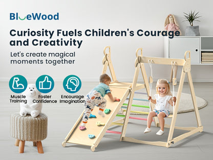 5-in-1 Foldable Indoor Jungle Gym for Toddlers Wooden Climbing Set with Slide, Swing, Ladder, Toddler Playground Playset for Kids 708.66inch+, Cognitive Development, Coordination (Rainbow, Blue).