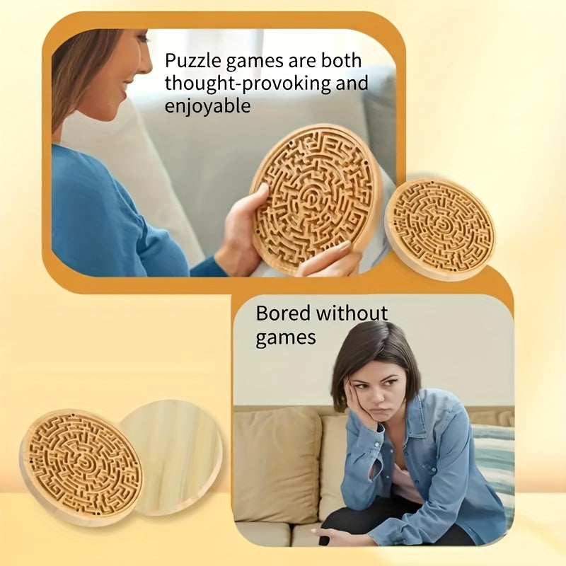 A Large Round Wooden Maze with PC Steel Ball, Balance Maze Board, Two Metal Ball Challenges And Maze Puzzles Is Used to Improve Concentration And Train Wooden Balance Board, Metal Ball Challenges And Puzzle Games, Which Is Suitable for Brain Training