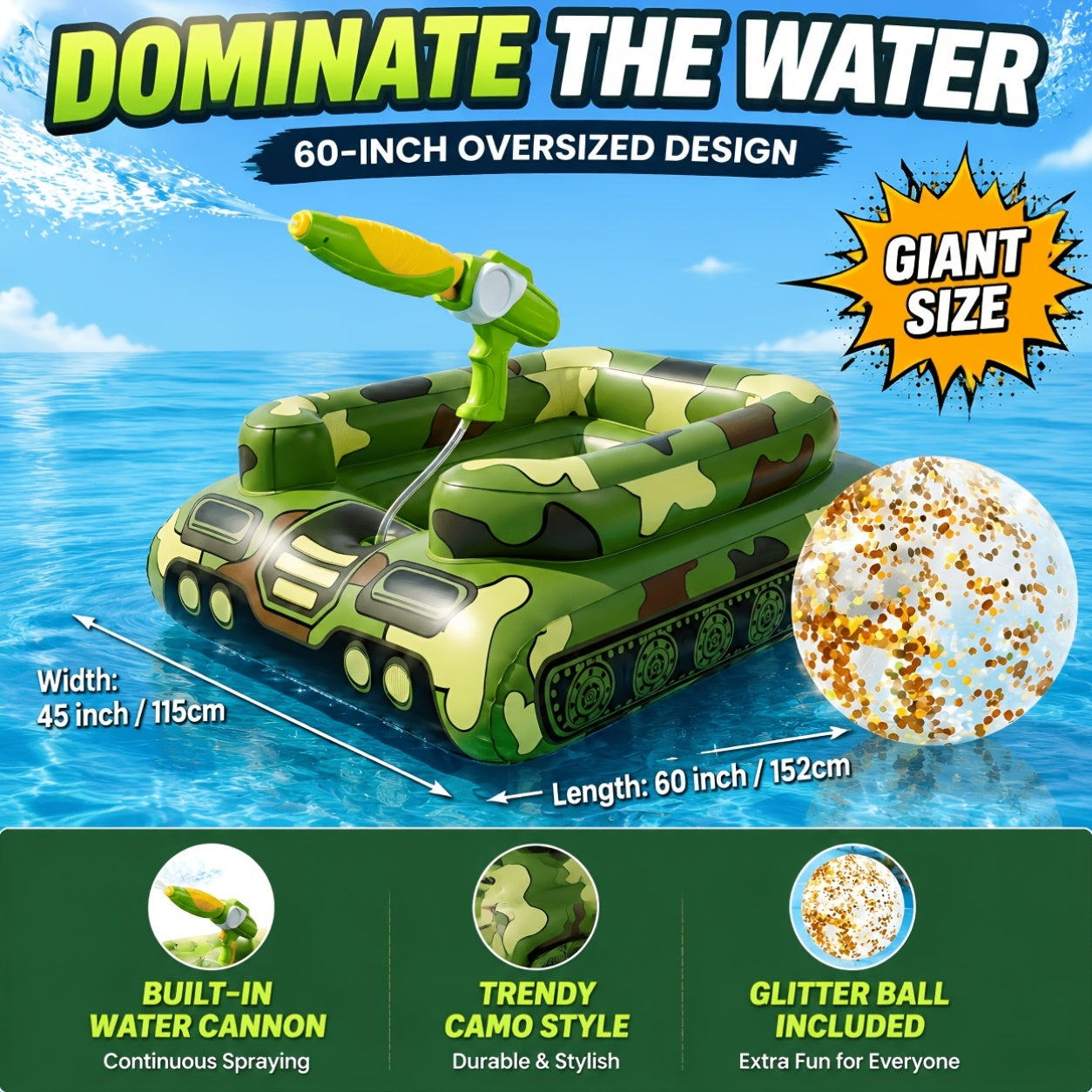 60-Inch X-Large Inflatable Pool Float For Adults, Heavy Duty Ride-On Pool Float, Built-in Sprayer System With 16-Inch Beach Ball, Durable PVC Blow-Up Raft For Lake, Beach, Summer Party Accessory, Outdoor Water Lounge