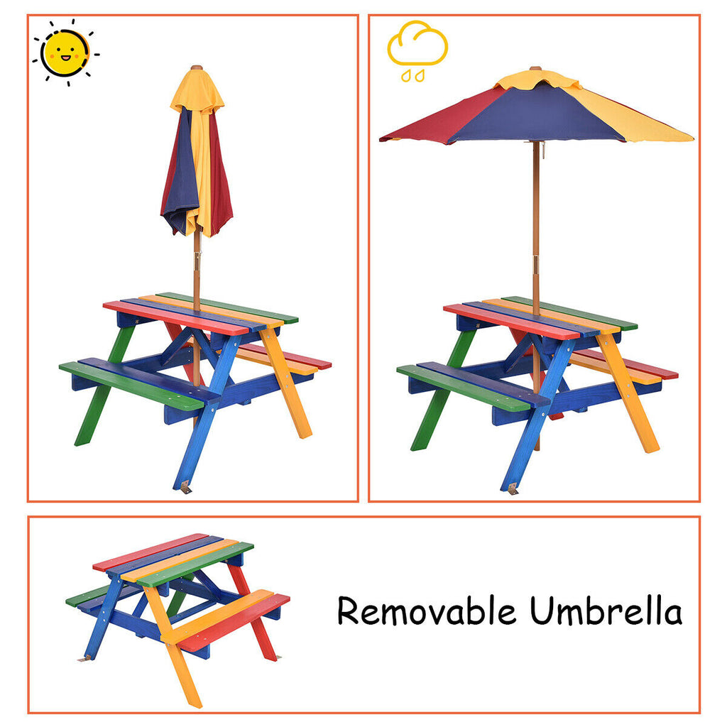 COSTWAY Kids Picnic Table Set, Wood Table and Bench Set with Removable & Foldable Umbrella, Stable Construction, Indoor Outdoor Picnic Table Bench Set for Toddlers, Great Gift for Boys & Girls