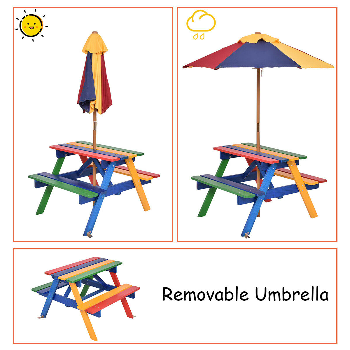 COSTWAY Kids Picnic Table Set, Wood Table and Bench Set with Removable & Foldable Umbrella, Stable Construction, Indoor Outdoor Picnic Table Bench Set for Toddlers, Great Gift for Boys & Girls