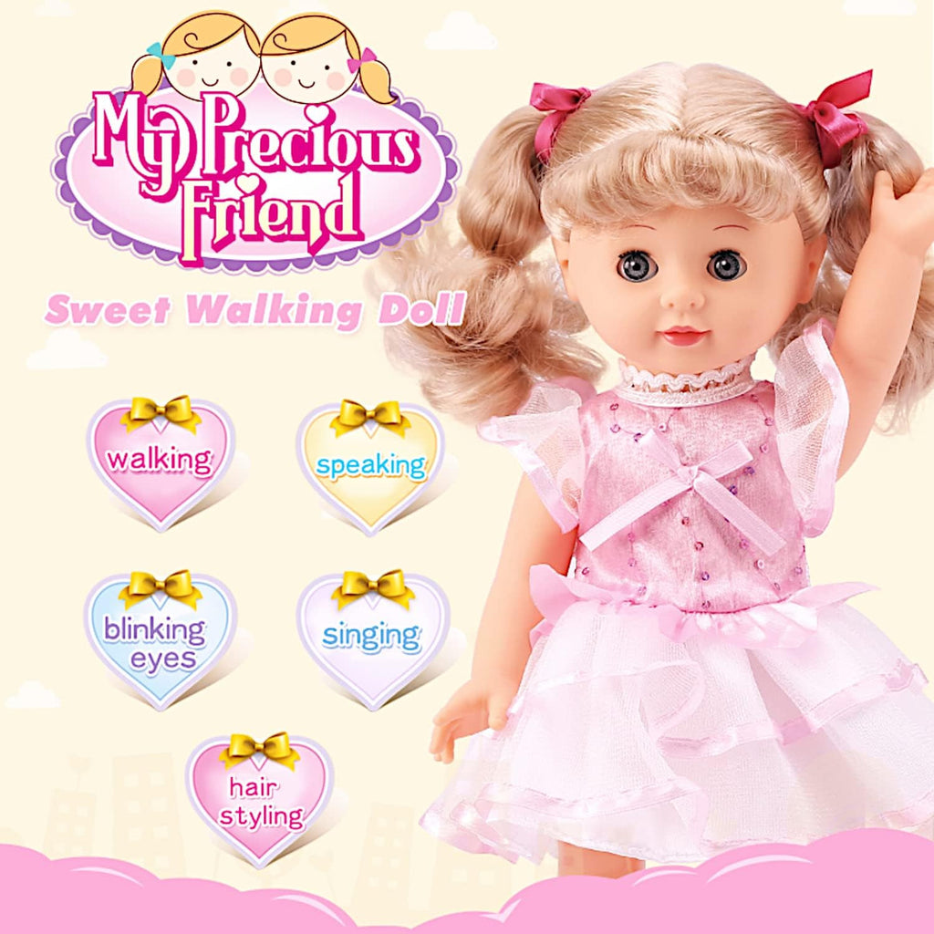 12" Princess Walking Doll Interactive Vinyl Toy Baby Sonic Control Cuddly Girl Singing Talking Blonde Fashion Beauty with Blinking Eyes